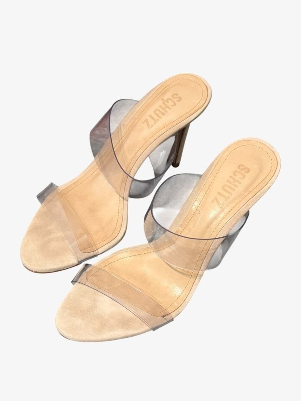 Schutz Ariella PVC Suede Stiletto Sandals 6.5 Clear Nude Oyster 7 Party Worn 1x - Picture 6 of 10